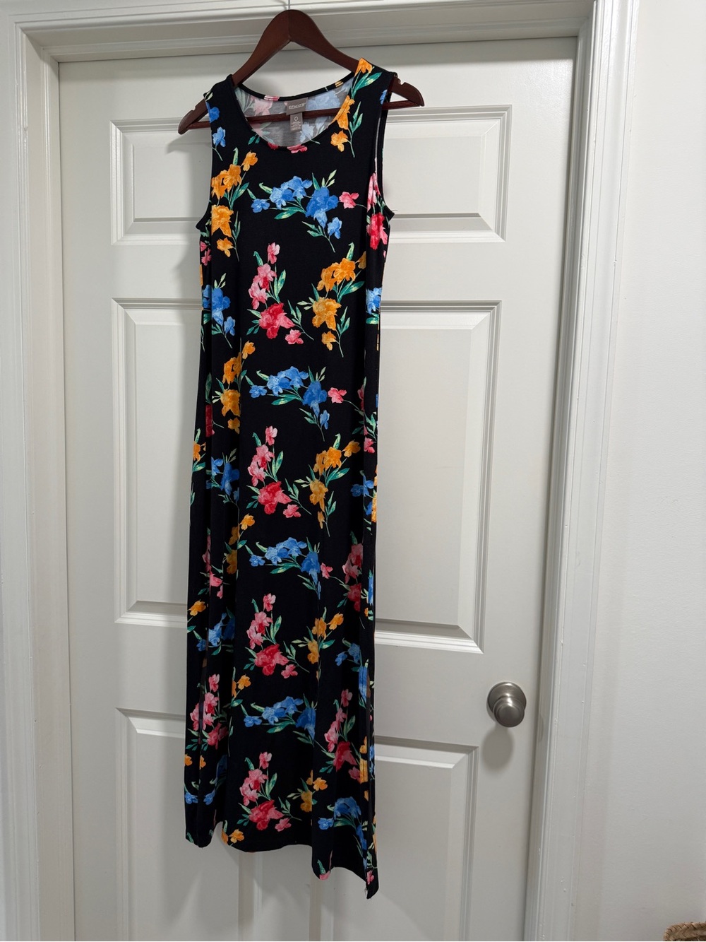 Chico's Black Floral Maxi Dress with Blue, Yellow & Pink Blooms